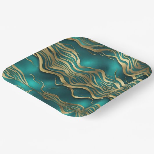 Luxe Gouden Beige Swirl Turquoise Blauwgroen Blauw Papieren Bordje (Gebogen)