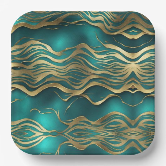 Luxe Gouden Beige Swirl Turquoise Blauwgroen Blauw Papieren Bordje (Voorkant)