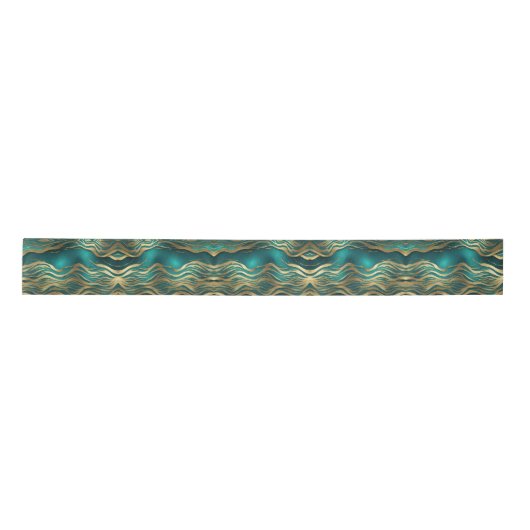 Luxe Gouden Beige Swirl Turquoise Blauwgroen Blauw Satijnen Lint (Voorkant)