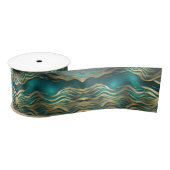 Luxe Gouden Beige Swirl Turquoise Blauwgroen Blauw Satijnen Lint (Spoel)