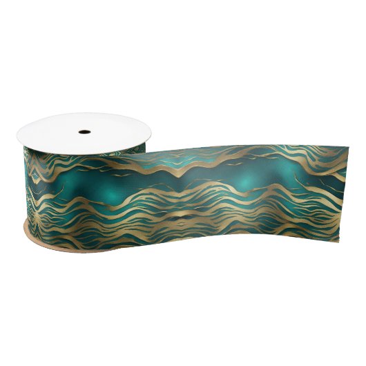 Luxe Gouden Beige Swirl Turquoise Blauwgroen Blauw Satijnen Lint (Spoel)