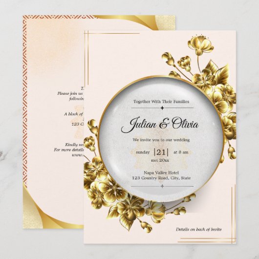 Luxe Gouden Bloem Bruiloft Kaart (Voorkant / Achterkant)