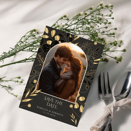 Luxe gouden bloem Chic Twee foto Bewaar de datum Kaart