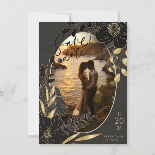 Luxe gouden bloem Chic Twee foto Bewaar de datum Kaart (Voorkant)