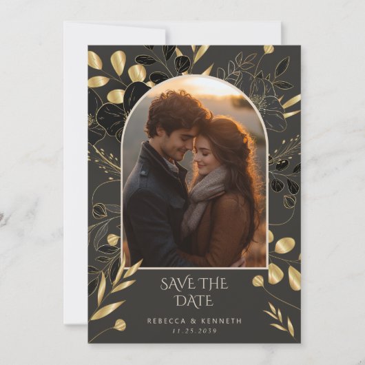 Luxe gouden bloem Chic Twee foto Bewaar de datum Kaart (Voorkant)