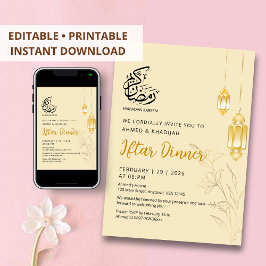 Luxe Gouden Bloem- en Elegante Lantaarns Iftar-din Kaart