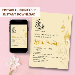 Luxe Gouden Bloem- en Elegante Lantaarns Iftar-din Kaart
