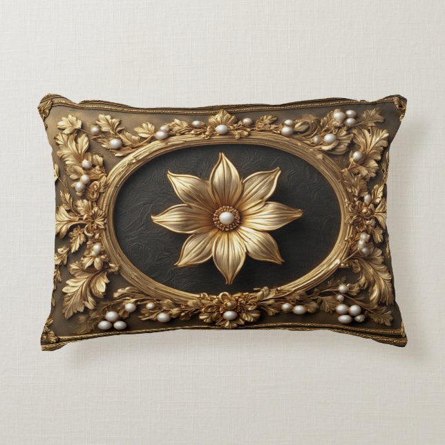 Luxe Gouden Bloem Frame Accent Kussen (Voorkant)