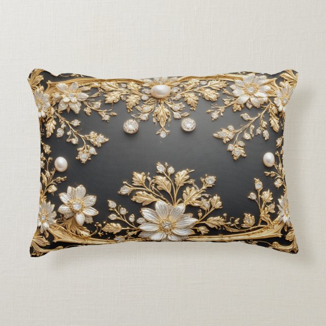 Luxe Gouden Bloem Frame Accent Kussen (Voorkant)
