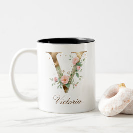 Luxe gouden bloem initiaal V tweekleurige koffiemo Koffiemok