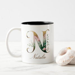 Luxe gouden bloem initiale N tweekleurige koffiemo Koffiemok