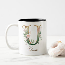 Luxe gouden bloem initiale U tweekleurige koffiemo Koffiemok