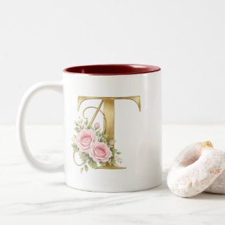 Luxe Gouden Bloem Letter T Logo Tweekleurige Koffiemok