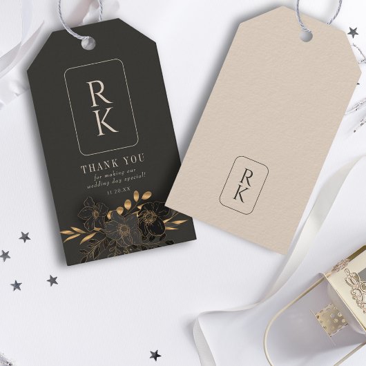 Luxe Gouden Bloem Monogram Bedankt Bruiloft Cadeaulabel