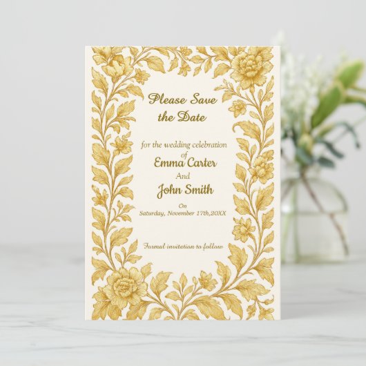 Luxe Gouden Bloem Save the Date (Staand voorkant)