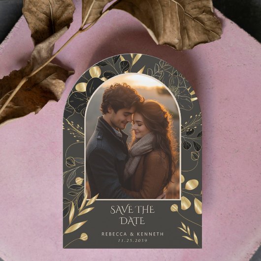 Luxe gouden bloem twee boog foto Sla de datum Kaart