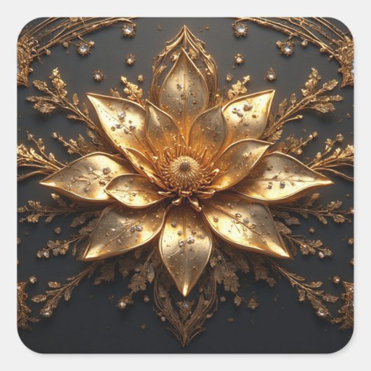 Luxe Gouden Bloem Vierkante Sticker (Voorkant)