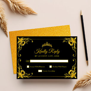 Luxe Gouden Bloem Zwarte en Gouden Quinceanera RSVP Kaartje