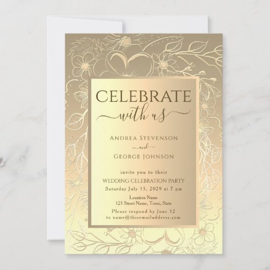 Luxe Gouden Bloemachtige Trouwreceptie Kaart (Voorkant)