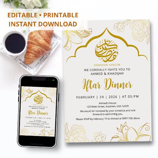 Luxe Gouden Bloemboog Ramadan Iftar Uitnodiging
