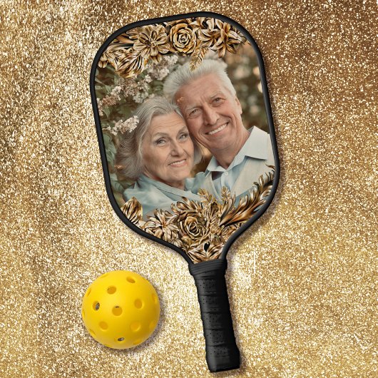 Luxe Gouden Bloemen Elegante Chic Klasse Zwart Pickleball Paddle
