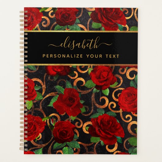 Luxe Gouden Bloemen Elegante Chic Klasse Zwart Planner (Voorkant)