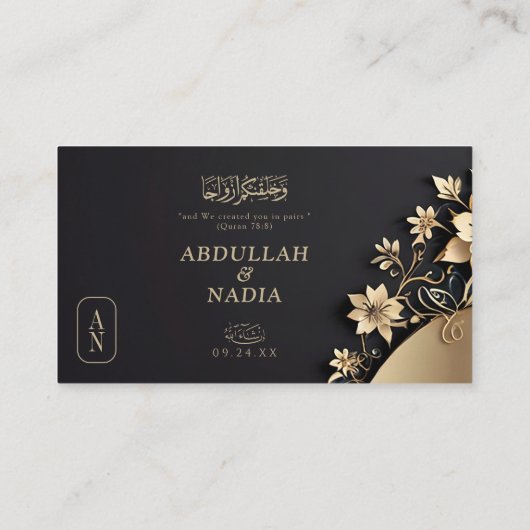 Luxe Gouden Bloemen Islamitische Huwelijk QR RSVP Informatiekaartje (Achterkant)