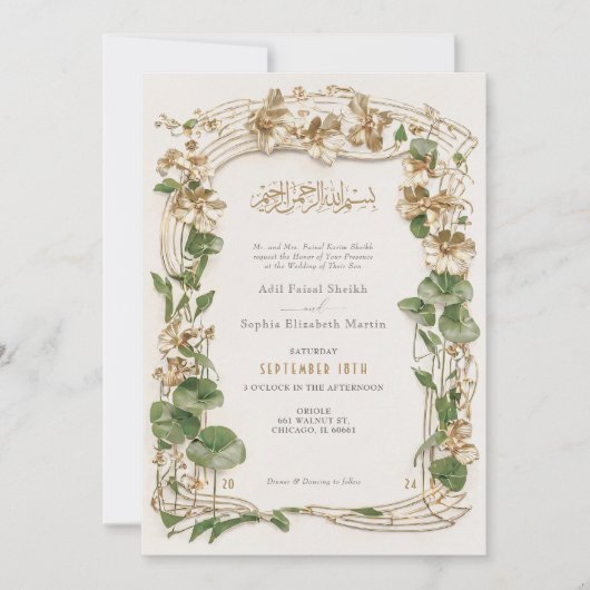 Luxe Gouden Bloemen Islamitische Huwelijkssuite Kaart (Voorkant)