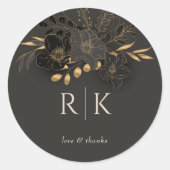 Luxe Gouden Bloemen Liefde Bedankt Monogram Huweli Ronde Sticker (Voorkant)