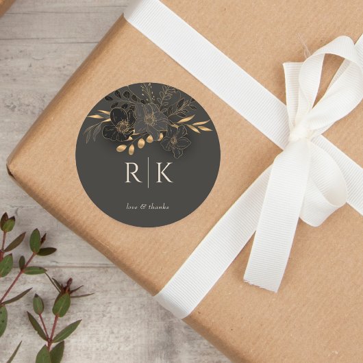 Luxe Gouden Bloemen Liefde Bedankt Monogram Huweli Ronde Sticker