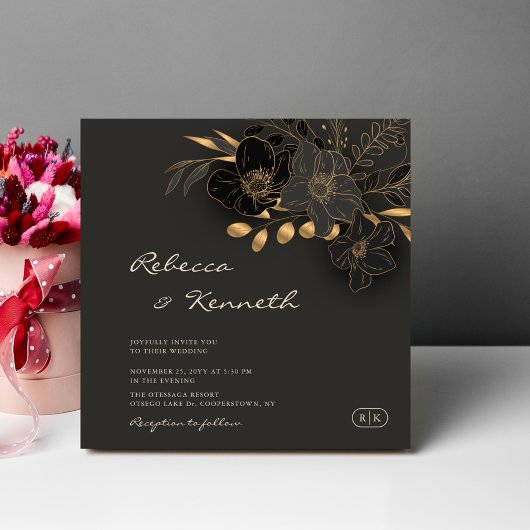 Luxe Gouden Bloemen Minimalistische Monogram Huwel Kaart