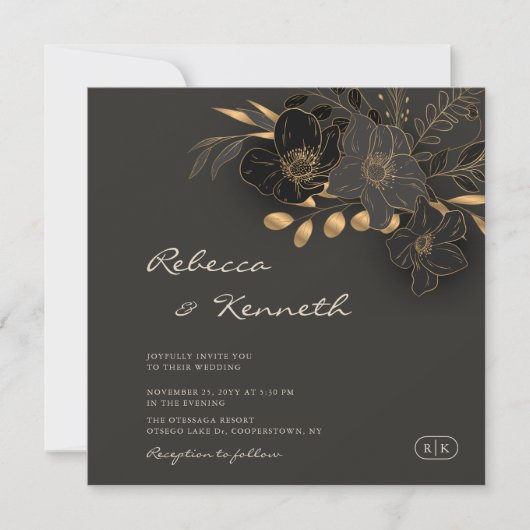 Luxe Gouden Bloemen Minimalistische Monogram Huwel Kaart (Voorkant)