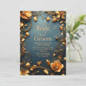 Luxe Gouden Bloemen op Elegante Turquoise Achtergr Kaart (Staand voorkant)