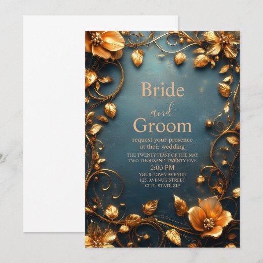 Luxe Gouden Bloemen op Elegante Turquoise Achtergr Kaart (Voorkant / Achterkant)