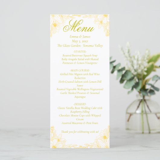Luxe Gouden Bloemen Trouwmenu Kaart (Staand voorkant)