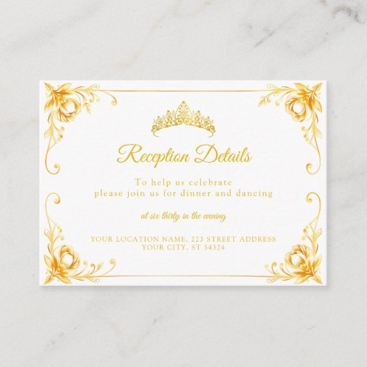 Luxe Gouden Bloemen Wit en Goud Quinceañera Informatiekaartje (Voorkant)