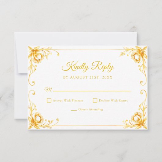 Luxe Gouden Bloemen Wit en Goud Quinceanera RSVP Kaartje (Voorkant)
