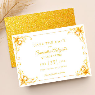 Luxe Gouden Bloemen Wit en Goud Quinceanera Save The Date