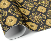Luxe Gouden Bloemendamaskpatroon op Zwart Cadeaupapier (Rol Hoek)