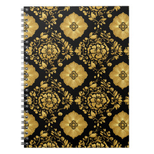 Luxe Gouden Bloemendamaskpatroon op Zwart Notitieboek