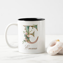 Luxe gouden bloeminitialen E tweekleurige koffiemo Koffiemok