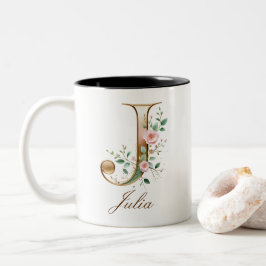 Luxe gouden bloeminitialen J tweekleurige koffiemo Koffiemok