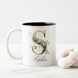 Luxe gouden bloeminitialen S tweekleurige koffiemo Koffiemok