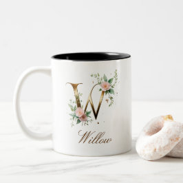 Luxe gouden bloeminitialen W tweekleurige koffiemo Koffiemok