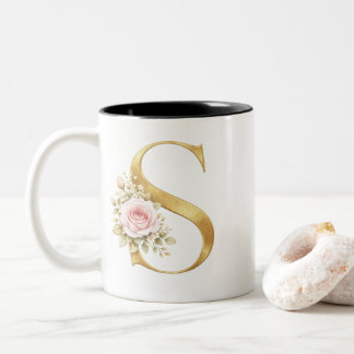 Luxe Gouden Bloemletter S Monogram Tweekleurige Koffiemok