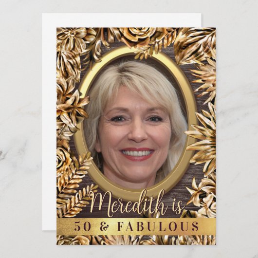 Luxe Gouden Bloemstuk Aangepaste Foto 50 En Fabulo Kaart (Voorkant / Achterkant)