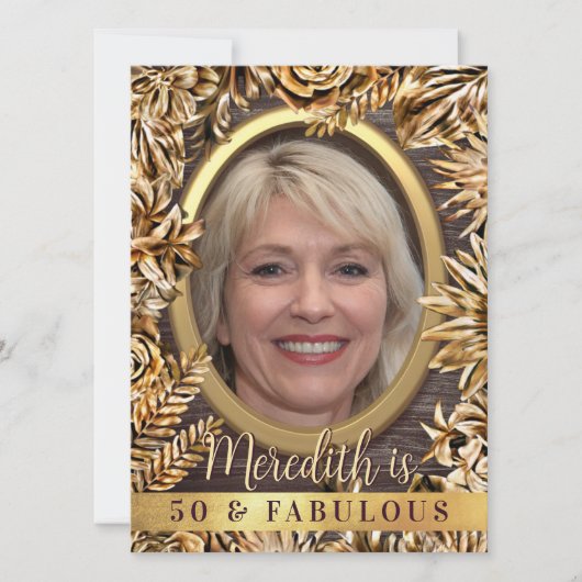Luxe Gouden Bloemstuk Aangepaste Foto 50 En Fabulo Kaart (Voorkant)