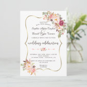 Luxe Gouden Blush Roze Bloem Burgundy Bruiloft Kaart (Staand voorkant)