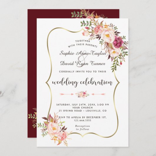 Luxe Gouden Blush Roze Bloem Burgundy Bruiloft Kaart (Voorkant / Achterkant)