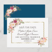 Luxe Gouden Blush Roze Bloem Navy Save The Date (Voorkant / Achterkant)